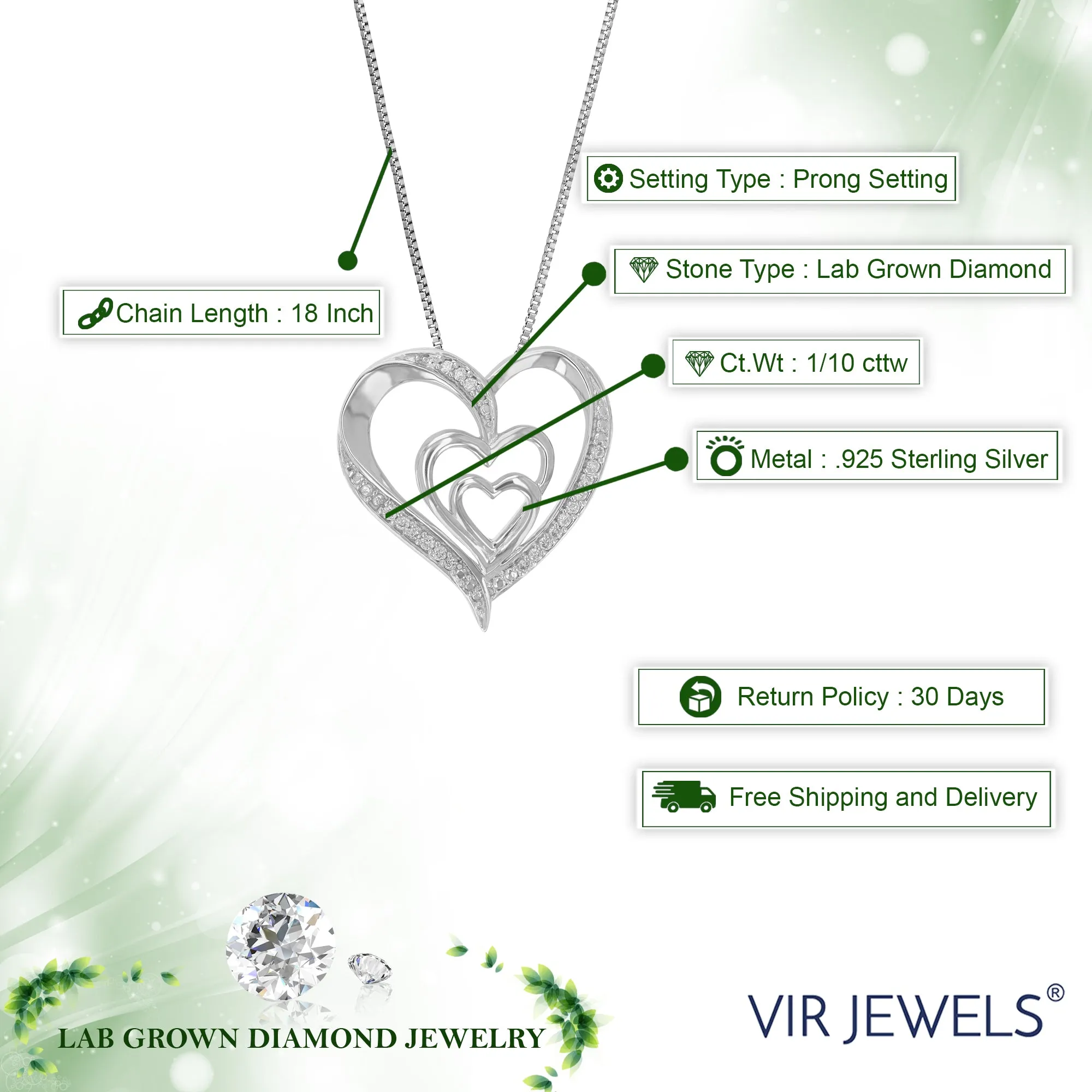 1/10 cttw Lab Grown Round Cut Diamond Heart Pendant Necklace .925 Sterling Silver 3/4 Inch With 18 Inch Chain
