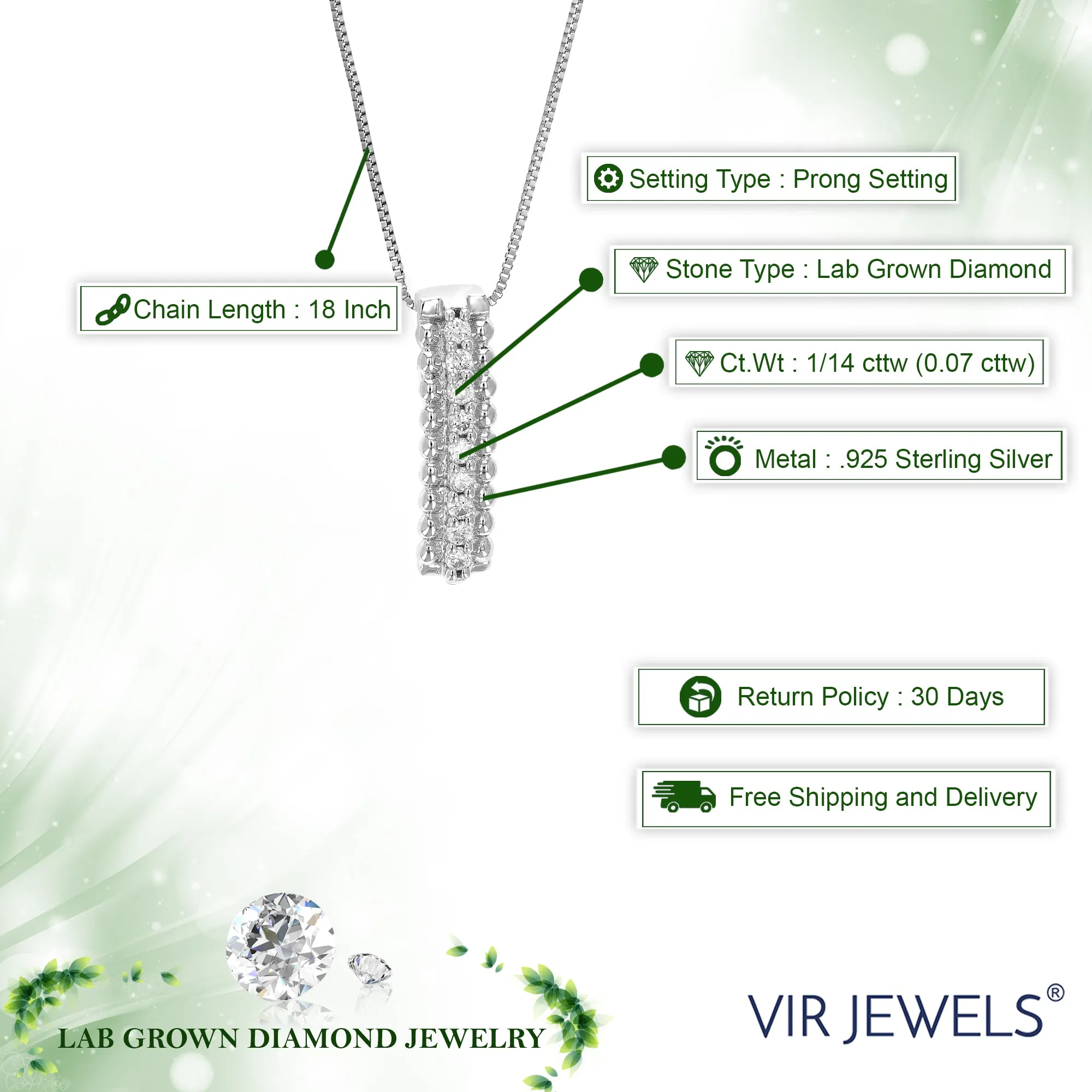 1/14 cttw Lab Grown Diamond Linear Pendant Necklace .925 Sterling Silver 1/10 Inch with 18 Inch Chain, Size 1/2 Inch