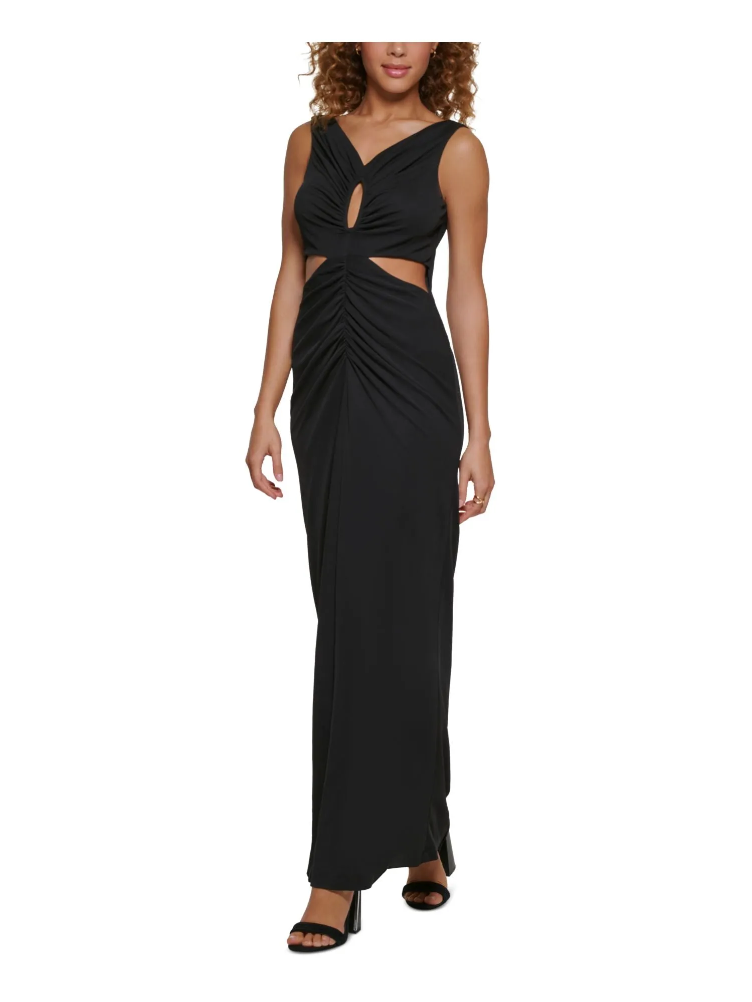 CALVIN KLEIN Womens Black Zippered Ruched Cut Outs Lined Sleeveless V Neck Full-Length Formal Gown Dress