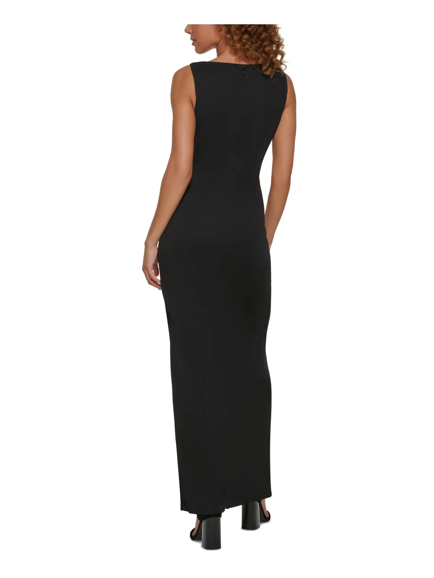 CALVIN KLEIN Womens Black Zippered Ruched Cut Outs Lined Sleeveless V Neck Full-Length Formal Gown Dress