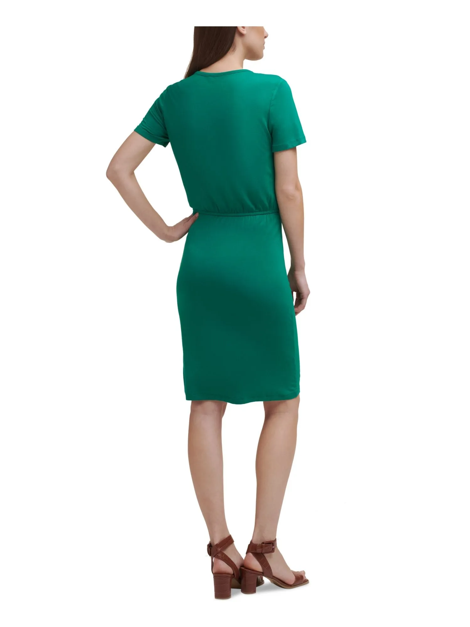 CALVIN KLEIN Womens Green Stretch Ruched Tie Pullover Styling Short Sleeve Round Neck Short Evening Sheath Dress