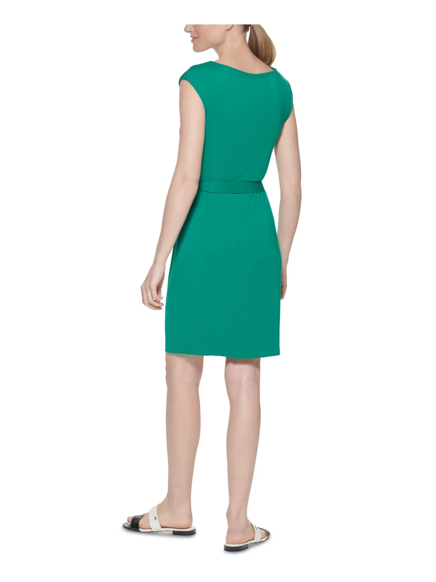 CALVIN KLEIN Womens Stretch Pleated Sleeveless Asymmetrical Neckline Above The Knee Sheath Dress