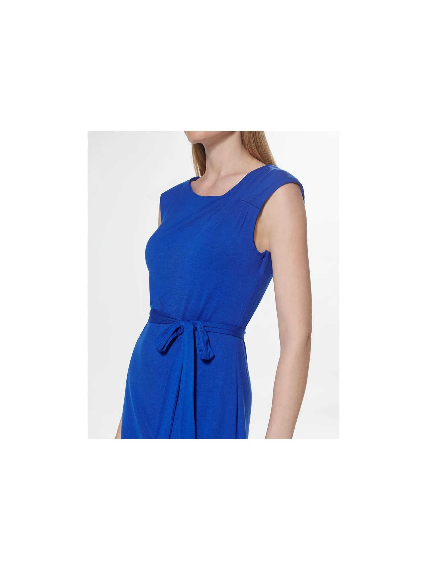 CALVIN KLEIN Womens Stretch Pleated Sleeveless Asymmetrical Neckline Above The Knee Sheath Dress