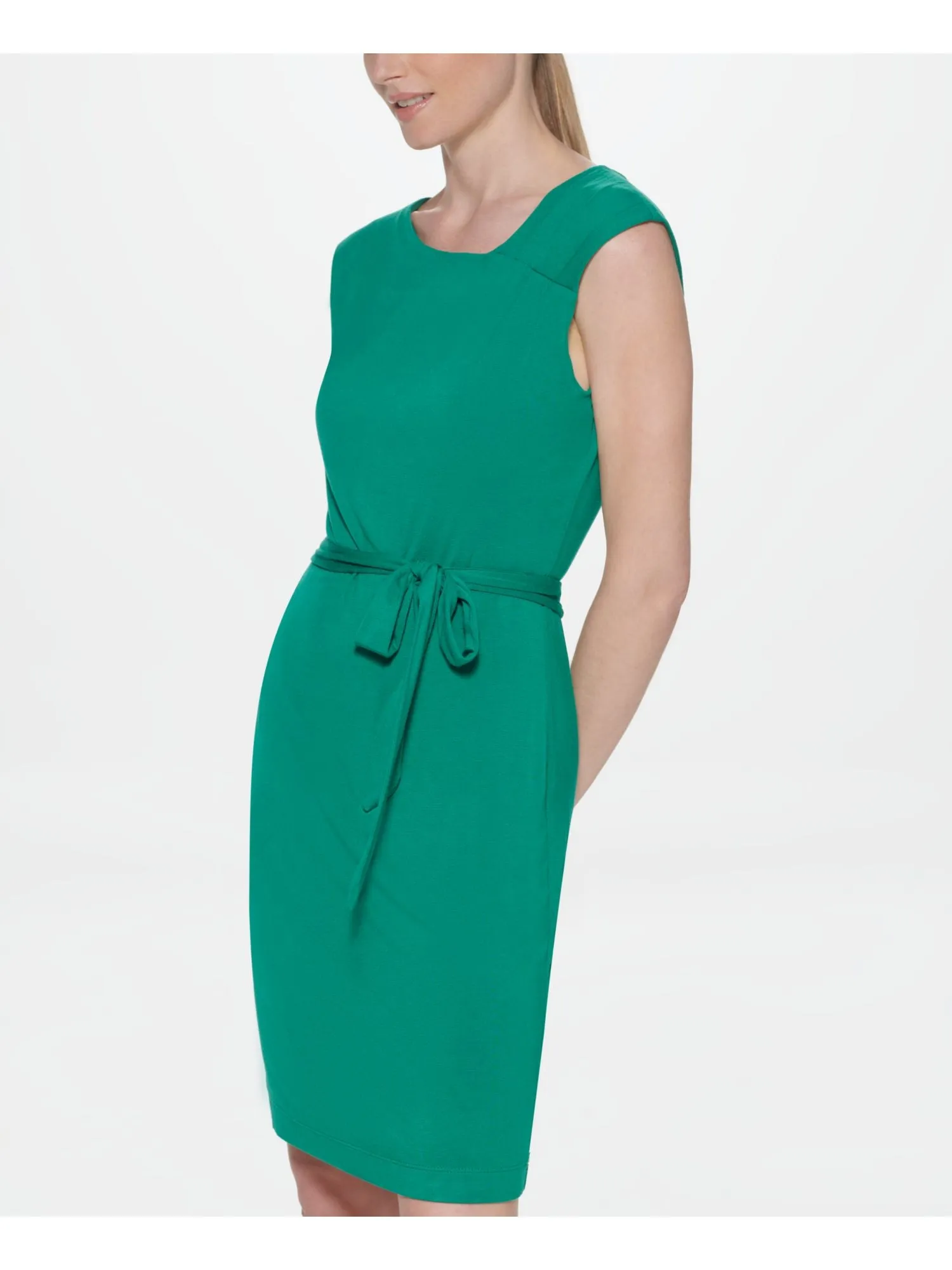 CALVIN KLEIN Womens Stretch Pleated Sleeveless Asymmetrical Neckline Above The Knee Sheath Dress