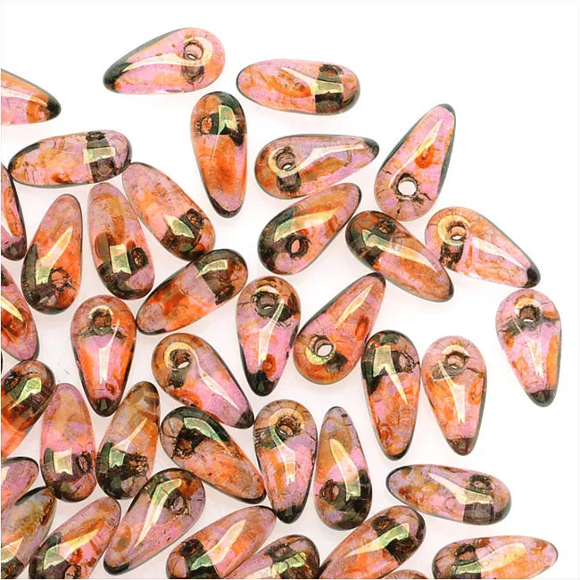 Czech Glass Mini Dagger Beads, 2.5x6mm, 10 Gram Tube, Luster Rose/Gold Topaz