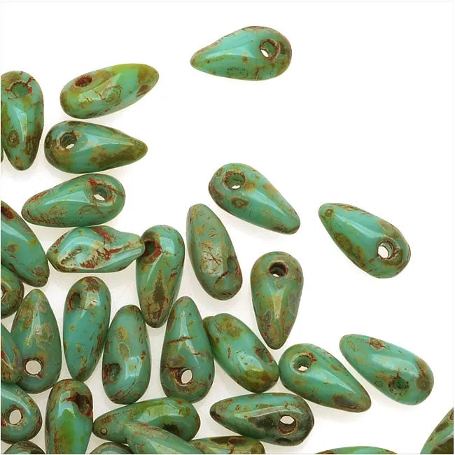 Czech Glass Mini Dagger Beads, 2.5x6mm, 10 Gram Tube, Turqouise - Picasso