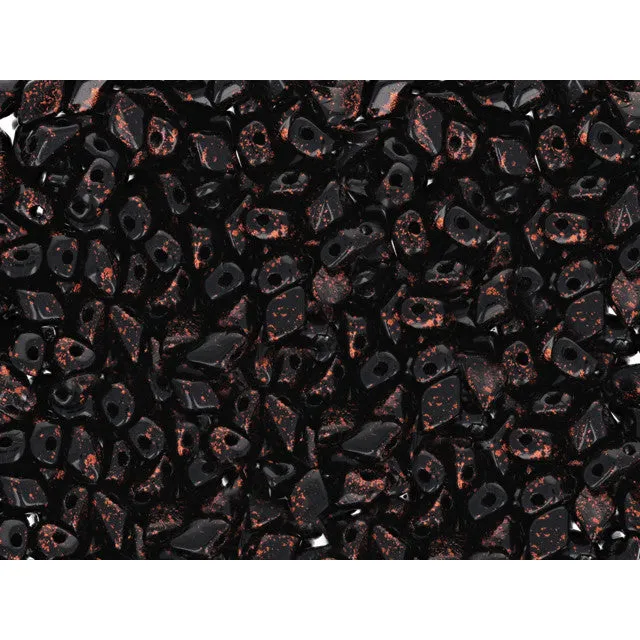 Czech Glass Mini GemDuo, 2-Hole Diamond Shaped Beads 6x4mm, Copper Splash - Jet (2.5" Tube)