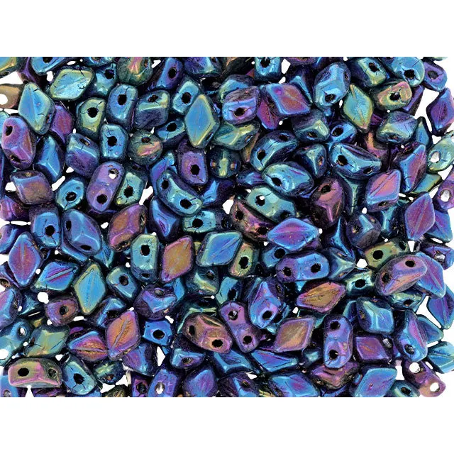 Czech Glass Mini GemDuo, 2-Hole Diamond Shaped Beads 6x4mm, Iris - Blue (2.5" Tube)