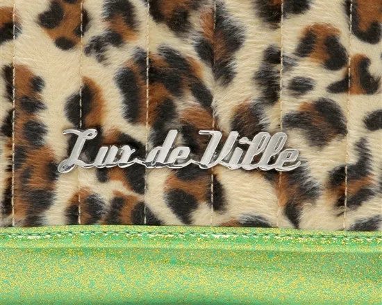 Lux de Ville Mini Gambler Tote Purse in Lime Green Sparkle with Leopard Fur