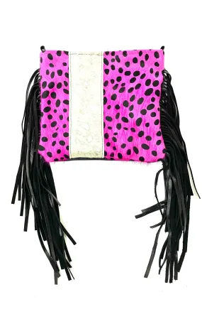 Medium Crossbody in pink pony/Dalmatian with silver acid wash strip