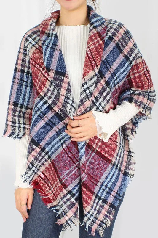 Plaid Square Scarf with Frayed Edge