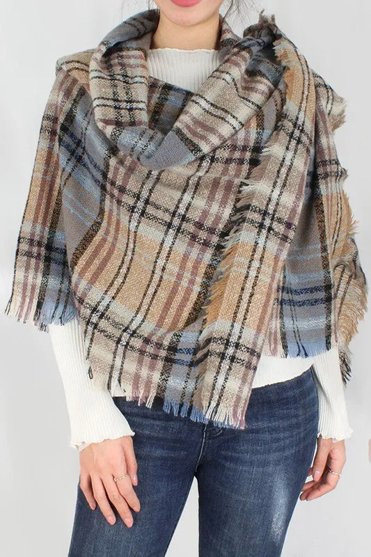 Plaid Square Scarf with Frayed Edge