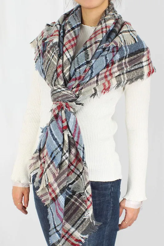 Plaid Square Scarf with Frayed Edge