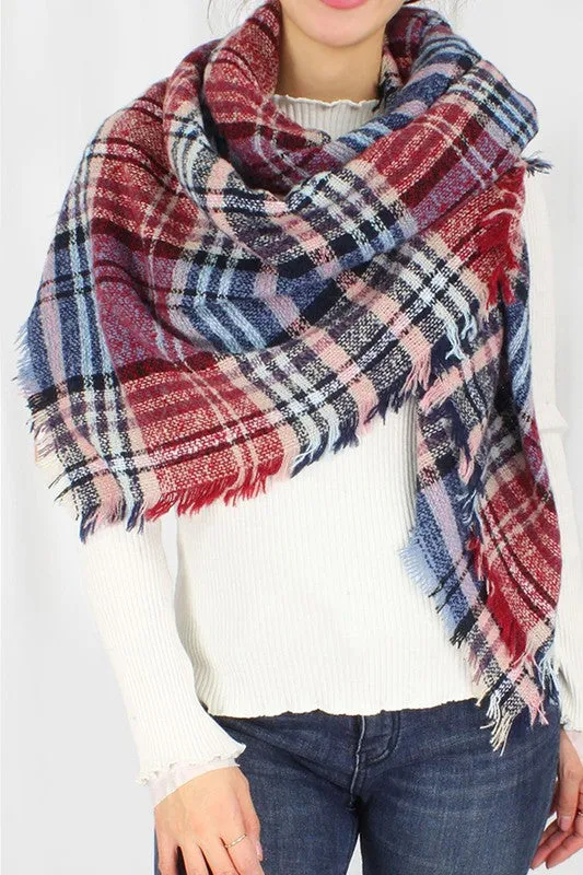 Plaid Square Scarf with Frayed Edge