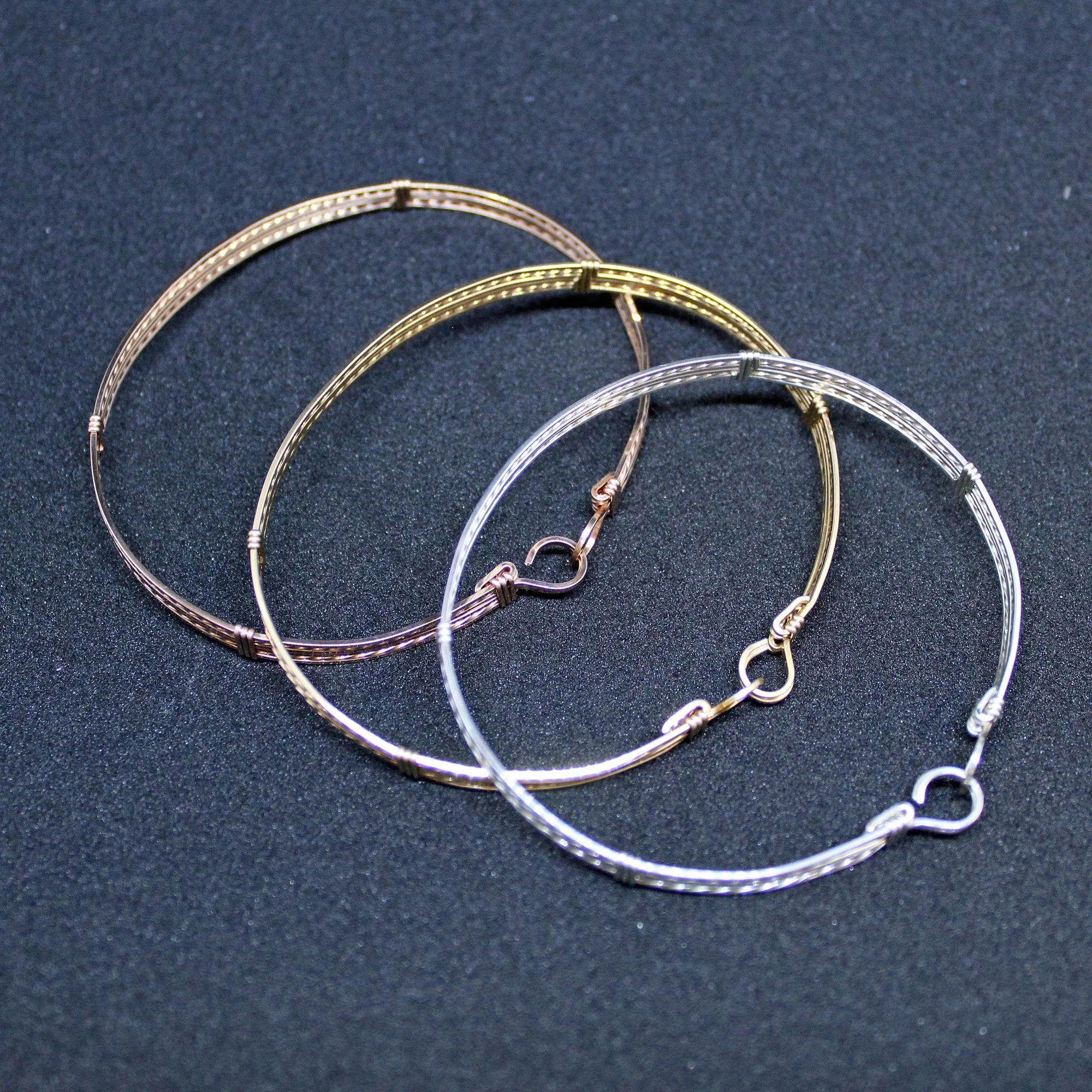 Rose Gold, Yellow Gold & Sterling Silver Wire Wrapped Stackable 3 Bracelets Set - STSSTS
